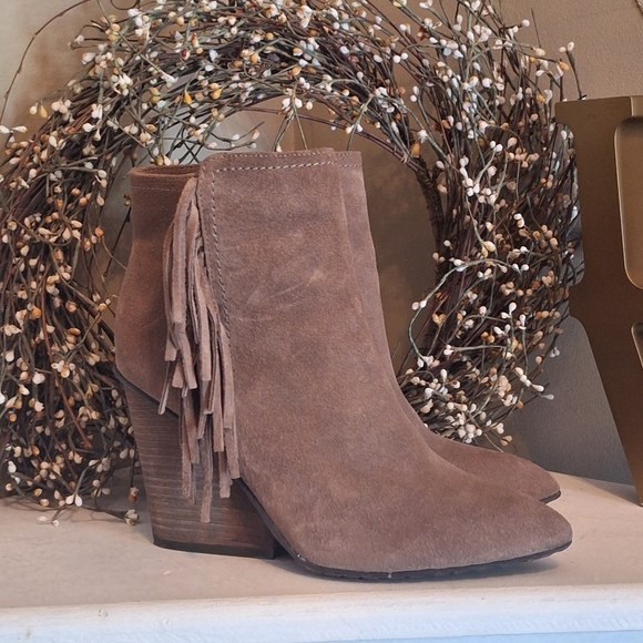 Isola Fringed Suede Leather Ankle Heeled Boots - Taupe Brown 6 - Picture 6 of 16